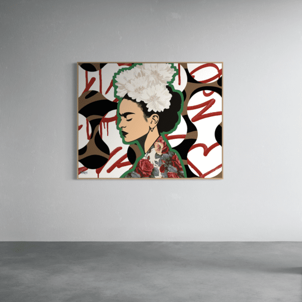 Original Frida’s Love painting with artificial flowers displayed on wall